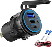 Dual PD USB-C Car USB Port Socket with Power Switch Fast Charge Black for Car Boat RV Marine ATV