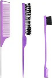 Styling Hair Brush Set, Bristle Hair Brush Tail Comb Edge Brush for Edge & Back Brushing, Purple Brush Set Rat Tail Combing Slicking Hair for Women Girls 3PCS