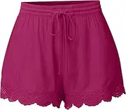 [RegaliaKun] Women's Plus Size Elastic Waist Scallop Trim Flowy Wide Leg Shorts Solid Color Lace Casual Shorts