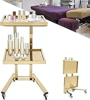 MegLob 2 Tier Utility Salon Trolley, Stainless Steel Salon Trolley Cart, Foldable Mobile Beauty Trolley, Professional Salon Work Station, Portable Rolling Hairdressing Cart with Wheels,Gold