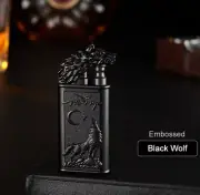 Creative Refillable Double Jet Flame Lighter – Embossed Black Wolf
