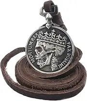 [AUEYE] ODETOJOY Brown Genuine Leather Necklace Cord for Men Skull Steampunk Classic Coin Adiustable Necklace Choker Chunky Charm Jewelry (Silver)