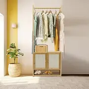 Bamboo Clothes Rack Storage: Open Wardrobe with Cabinet Clothing Hanging Rail Coat Stands Free Standing Garment Rack for Bedroom Living Room Hallway 52x31.5x168cm