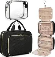 [bagsmart] Toiletry Bag Hanging Travel Makeup Organizer with TSA Approved Transparent Cosmetic Bag Makeup Bag for Full Sized Toiletries, Black, Medium, Travel
