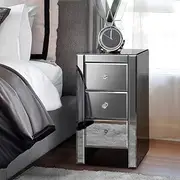 ALFORDSON Mirrored Bedside Table 60cm Height Sofa Side Table Organizer Nightstand Bedroom Furniture Glass Cabinet Chests of 3 Drawers for Living Room and Bedroom Grey