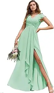 [Generic] Ruffle Bridesmaid Dresses for Women with Slit Long V Neck Chiffon Formal Dress for Wedding,Chiffon Long,A-Line Short Sleeve Wedding Party Gown,US16,Green