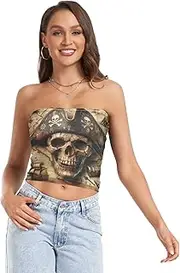 [RPLIFE] Pirate Skull Treasure Map Crop Tube Top Strapless Top for Women, Mesh Tube Tops, Sexy Tube Tops (S)