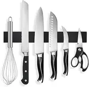 QZTHOU 40cm Magnetic Knife Holder for Wall, 16 Inch Black Knife Magnetic Strip, Stainless Steel Magnetic Knife Rack with 3 Hooks, Kitchen Utensil Holder for Kitchen Organizer