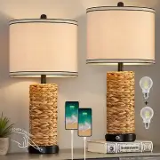 GyroVu Rattan Table Lamp Set of 2, Wicker Lamps, 3 Way Dimmable Touch Seagras...