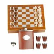 Stainless Steel Wooden Chess 8 Oz Leather Hip Flask Set with Funnel and 4 Cups
