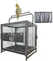 Portable Durable Heavy Duty Travel Veterinary Bird Parrot Carrier Cage Feeding Bowl Play Stand Perch with Handle (19" x 15" x 25"H, Black Vein)