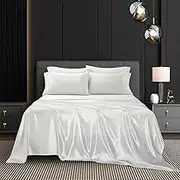 ForZzz 2000TC 6 Pieces Art Silky Satin AU Size Bedding Sheet Set/Silk Satin Pillowcase Fitted Flat Sheet Set/Deep Pocket Luxury Stain-Resistant Wrinkle Free (Double,White)