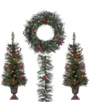 Sterling Tree Company Assorted Set Of 4 Jefferson Pine Seasonal Entryway Greenery Includes 2 Potted Trees, 1 Garland, And 1 Wrea