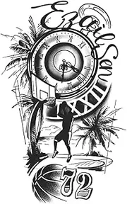 Semi-Permanent Tattoo,Clock Basketball 72 Coconut Tree,Clock Tattoos,Resilience,Real Tattoo Look,Lasts 1-2 Weeks,Water-Resistant,18 x 11 cm