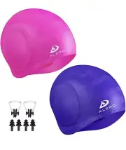 2 Pack Unisex Swim Caps with 3D Ear Protection, Durable Flexible Silicone