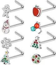 [ZS] 8Pcs Santa Claus Corkscrew Nose Rings Studs, 20G Stainless Steel Corkscrew Nose Stud, Christmas Trees Nose Screw Bone Nose Piercing L-shaped Nose Jewelry for Women Men
