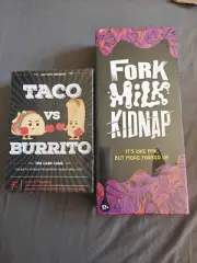 2 card games; Taco vs Burrito and Fork, Milk, kidnap