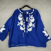 CHICO'S Blouse Embroidered Top 3/4 Sleeve Tassel Tie Neck Peasant Boho NWT Blue