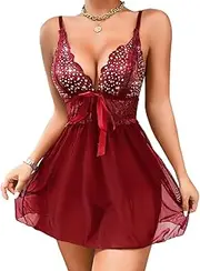 [EHSUYAB] Sexy Babydoll Lingerie, Sparkly Rhinestone, Tie Bow, Deep V Nightgown