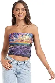 [RPLIFE] Beautiful Lavender Fields Starry Sky Purple Tube Crop Tops for Women, Sexy Tube Tops, Sheer Tube Tops