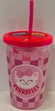 "PURRRFECT" KITTY CAT PINK 10 OZ KIDS TUMBLER CUP W/ STRAW BPA FREE NOVELTY