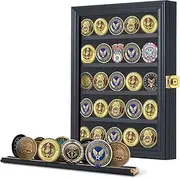 Jinchuan Military Challenge Coin Display Case Lockable Cabinet Rack Holder Shadow Box with Removable 2 Grooves Shelves and Anti Fade Acrylic Glass Door for Casino Poker Chips Collectibles Black