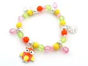 Childrens Multi-Color Beaded Stretch Bracelet With Owl Charm