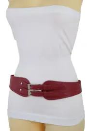 Women Red Elastic Fashion Clothing Belt Hip Waist Silver Metal Double Buckle S M