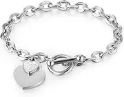 [HZMAN] Stainless Steel Cubic Zirconia Love Heart Bracelet for Women Girls Romantic Gift Toggle Clasp Link Bracelets