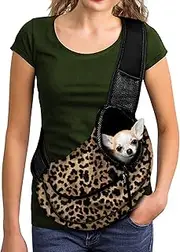 FUSURIRE Leopard Animal Print Pet Carrier Sling for Small Dogs Cats Hands Free Pet Puppy Outdoor Travel Carrier Bag Adjustable Strap Padded Shoulder Sling Travel Tote Bag