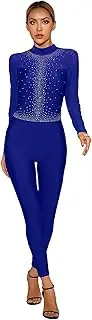 [Yhong] Women Rhinestone Full Length Skating Jumpsuit Full Body Figure Skating Bodysuit Jumpsuit Catsuit