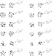 [Kakonia] 12Pairs Clear Plastic Stud Earrings for Women Acrylic Post Star Heart Rhinestone Ear Studs Piercing Retainers