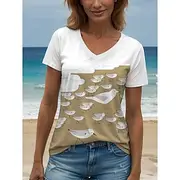 Women's T Shirt Graphic Animal Geometric Vintage Stylish Classic Short Sleeve V Neck Regular Tops Daily Going out Weekend Print Yellow Blue Purple Green Gray S