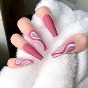 Press On Nails Long ZUMEY False Nails Coffin Long Fake Nails Ultra-Soft Stick On Nail Set Artificial Ballerina Full Cover Pink Nails Reusable 24pcs Acrylic Nails with Design For Women and Girls