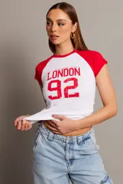 Red Graphic Tee Raglan Short Sleeve - Size XXS, Women's Graphic Tee