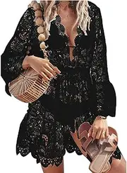[TBSCWYF] Women's Lace Beach Dress Summer Beach Poncho Beach Holiday Kimono Cardigan Swimsuit Transparent Bikini Cover-Ups Women's Lace Beach Dress V-Neck Swimsuit Cover Pareos