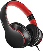 [LORELEI] X6 Over-Ear Headphones with Microphone, Lightweight Foldable & Portable Stereo Bass Headphones with 1.45M No-Tangle,Wired Headphones for Smartphone Tablet MP3 / 4 (Black-Red)