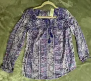 AMERICAN EAGLE OUTFITTERS Purple Sheer Tassle Tie Peasant Boho Blouse Size XS