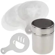 Stainless Steel Icing Sugar Cocoa Coffee Shaker with 16 Piece Coffee Stencils Set