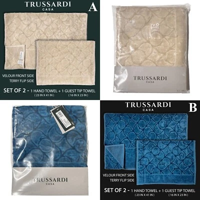 TRUSSARDI CASA Hand + Guest Towel Set Greyhound Monogram Velour Blue OR Camel