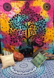 Tapestry/Bedspread/Wall hanging - Mandala Design Tree/Elephant (Multicolor)