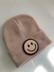 New Kids Smiley Face Knitted Beanie Tan & Light Tan Boys & Girls Winter Hat