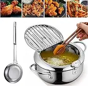 Japanese Deep Fryer Pot, Stainless Steel Deep Fryer, 2024 New Stainless Steel Frying Pot with Thermometer and Oil Drip Drainer Rack for Kitchen Home Use (28cm/11in)