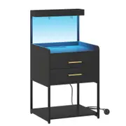 Advwin Bedside Table Set of 2 with Charging Station and LED Lights 2 Drawers and Open Storage Shelves Black