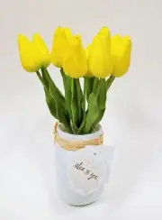 ALEX,ZOE ARTIFICIAL A DOZEN SILK YELLOW TULIP FLOWERS+GLASS JAR-REAL TO TOUCH