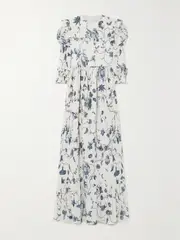 [Erdem] Erdem - Ruffled Pleated Tiered Floral-print Chiffon Gown - White - UK 16 UK 16 White