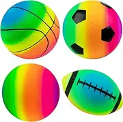 Homotte Rainbow Sports Balls Pack of 4, 1 Each of 8.5" Football, Basketball, Soccer and Volleyball for Playground, Inflatable Multi-Sport Ball Set with 1 Pump for Kids Outdoor Activities