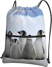 EdWal Young Penguins With Snow Print Drawstring Backpack Gym Bags Sports Bags With Zipper Pocket For Travel Beach, Black, One Size