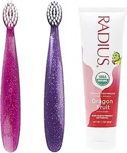 RADIUS Toddler Toothbrush and Toothpaste Bundle for Kids, 2 Pack Totz Extra Soft Brush in Pink and Purple Sparkle and 1 Count Dragon Fruit Toothpaste, For Children 18 Months and Up