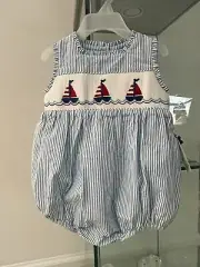 Vive La fete Girl blue Striped Seersucker Smocked Bubble Sailboat 12mths Nwt